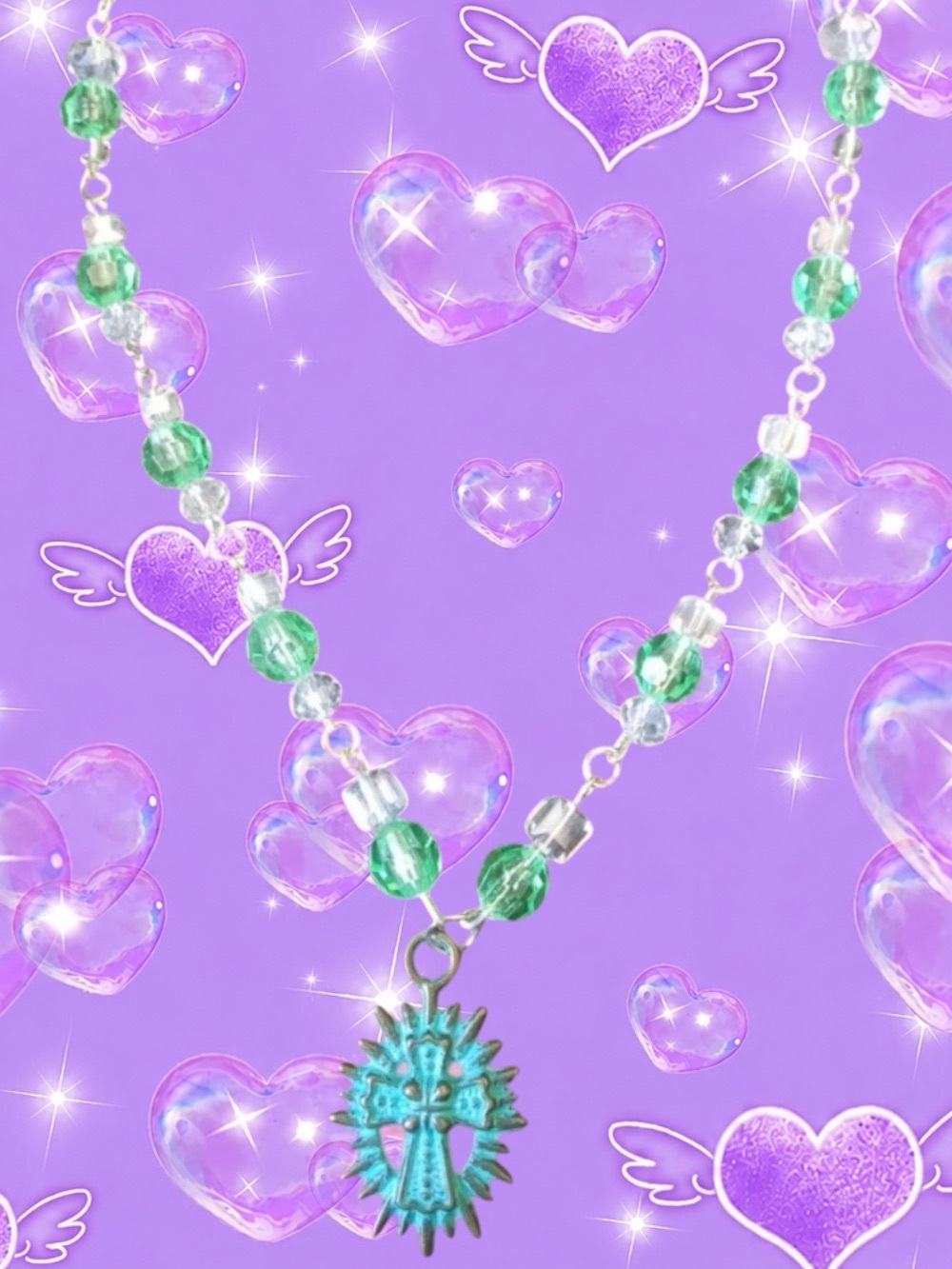 Green and Clear Beaded Necklace with Cross Pendant